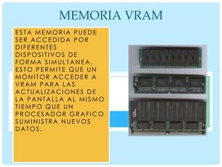 MEMORIA VRAM
ESTA MEMORIA PUEDE
SER ACCEDIDA POR
DIFERENTES
DISPOSITIVOS DE
FORMA SIMULTANEA.
ESTO PERMITE QUE UN
MONITOR ACCEDER A
VRAM PARA LAS
ACTUALIZACIONES DE
LA PANTALLA AL MISMO
TIEMPO QUE UN
PROCESADOR GRAFICO
SUMINISTRA NUEVOS
DATOS.

 