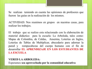 Se realizan teniendo en cuenta las opiniones de profesores que 
fueron las guías en la realización de los mismos. 
ACTIVIDAD: Nos reunimos en grupos en nuestras casas, para 
realizar los trabajos. 
El trabajo que se realizo esta relacionado con la elaboración de 
material didáctico para la escuela: La Arboleda, tales como: 
Mapas de Colombia, de Caldas, Anserma, Loterías en Ingles, 
Loterías de Tablas de Multiplicar, abecedario para adornar la 
pared y rompecabezas del cuerpo humano con el fin de 
desarrollar EL APRENDIZAJE EN LOS ESTUDIANTES DE 
LA ESCUELA 
VERED LAARBOLEDA: 
Esperamos sea aprovechada por la comunidad educativa 
 