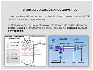 a) As amostras sólidas de peso conhecido foram pré-secas durante 24
horas e depois homogeneizadas;
2. ANÁLISE DO MERCÚRIO NOS SEDIMENTOS
b) Determinação do Hg total (através da técnica de análise direta por
pirólise térmica e amálgama de ouro, seguida de absorção atómica
por vapor frio.)
 