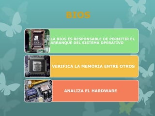 BIOS
LA BIOS ES RESPONSABLE DE PERMITIR EL
ARRANQUE DEL SISTEMA OPERATIVO
VERIFICA LA MEMORIA ENTRE OTROS
ANALIZA EL HARDWARE
 