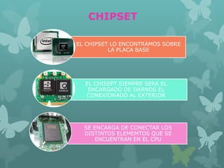 CHIPSET
EL CHIPSET LO ENCONTRAMOS SOBRE
LA PLACA BASE
EL CHISEPT SIEMPRE SERA EL
ENCARGADO DE DARNOS EL
CONEXIONADO AL EXTERIOR
SE ENCARGA DE CONECTAR LOS
DISTINTOS ELEMEMTOS QUE SE
ENCUENTRAN EN EL CPU
 