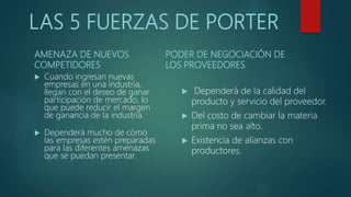 LAS 5 FUERZAS DE PORTER
AMENAZA DE NUEVOS
COMPETIDORES
 Cuando ingresan nuevas
empresas en una industria,
llegan con el deseo de ganar
participación de mercado, lo
que puede reducir el margen
de ganancia de la industria.
 Dependerá mucho de cómo
las empresas estén preparadas
para las diferentes amenazas
que se puedan presentar.
PODER DE NEGOCIACIÓN DE
LOS PROVEEDORES
 Dependerá de la calidad del
producto y servicio del proveedor.
 Del costo de cambiar la materia
prima no sea alto.
 Existencia de alianzas con
productores.
 