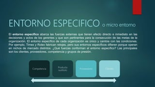 ENTORNO ESPECIFICO o micro entorno
El entorno específico abarca las fuerzas externas que tienen efecto directo e inmediato en las
decisiones y actos de los gerentes y que son pertinentes para la consecución de las metas de la
organización. El entorno específico de cada organización es único y cambia con las condiciones.
Por ejemplo, Timex y Rolex fabrican relojes, pero sus entornos específicos difieren porque operan
en nichos de mercado distintos. ¿Qué fuerzas conforman el entorno específico? Las principales
son los clientes, proveedores, competencia y grupos de presión.
Competencia
Producto
sustituto
Proveedores Clientes
 