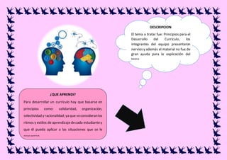 DESCRIPCION
El tema a tratar fue: Principios para el
Desarrollo del Currículo, los
integrantes del equipo presentaron
nervios y además el material no fue de
gran ayuda para la explicación del
tema.
¿QUE APRENDI?
Para desarrollar un currículo hay que basarse en
principios como: solidaridad, organización,
selectividad y racionalidad; ya que seconsideranlos
ritmos y estilos de aprendizajedecada estudiantey
que él pueda aplicar a las situaciones que se le
presentan.
 