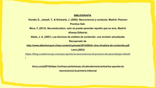 BIBLIOGRAFÍA
Kandel, E., Jessell, T., & Schwartz, J. (2005). Neurociencia y conducta. Madrid: Pearson
Prentice Hall.
Mora, F. (2013). Neuroeducation, solo se puede aprender aquello que se ama. Madrid:
Alianza Editorial.
Abela, J. A. (2001). Las técnicas de análisis de contenido: una revisión actualizada.
Recuperado de
http://www.albertomayol.cl/wp-content/uploads/2014/08/An dreu-Analisis-de-contenido.pdf
Leon,(2023)
https://blog.cuadernorojo.com/que-aporta-la-neurociencia-al-proceso-de-aprendizaje-infantil
/
Ana,Lucia(2014)https://enlinea.santotomas.cl/calendarios/eventos/los-aportes-la-
neurociencia-la-primera-infancia/
 