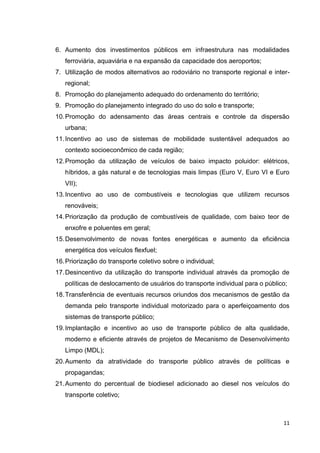 11
6. Aumento dos investimentos públicos em infraestrutura nas modalidades
ferroviária, aquaviária e na expansão da capacidade dos aeroportos;
7. Utilização de modos alternativos ao rodoviário no transporte regional e inter-
regional;
8. Promoção do planejamento adequado do ordenamento do território;
9. Promoção do planejamento integrado do uso do solo e transporte;
10.Promoção do adensamento das áreas centrais e controle da dispersão
urbana;
11.Incentivo ao uso de sistemas de mobilidade sustentável adequados ao
contexto socioeconômico de cada região;
12.Promoção da utilização de veículos de baixo impacto poluidor: elétricos,
híbridos, a gás natural e de tecnologias mais limpas (Euro V, Euro VI e Euro
VII);
13.Incentivo ao uso de combustíveis e tecnologias que utilizem recursos
renováveis;
14.Priorização da produção de combustíveis de qualidade, com baixo teor de
enxofre e poluentes em geral;
15.Desenvolvimento de novas fontes energéticas e aumento da eficiência
energética dos veículos flexfuel;
16.Priorização do transporte coletivo sobre o individual;
17.Desincentivo da utilização do transporte individual através da promoção de
políticas de deslocamento de usuários do transporte individual para o público;
18.Transferência de eventuais recursos oriundos dos mecanismos de gestão da
demanda pelo transporte individual motorizado para o aperfeiçoamento dos
sistemas de transporte público;
19.Implantação e incentivo ao uso de transporte público de alta qualidade,
moderno e eficiente através de projetos de Mecanismo de Desenvolvimento
Limpo (MDL);
20.Aumento da atratividade do transporte público através de políticas e
propagandas;
21.Aumento do percentual de biodiesel adicionado ao diesel nos veículos do
transporte coletivo;
 