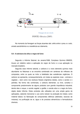26
No momento da frenagem as forças atuantes são: atrito entre o pneu e o solo,
arrasto aerodinâmico e a resistência ao rolamento.
5.6 - A estrutura da sílica x negro de fumo
Segundo o Informe Setorial, de Janeiro/1998, Complexo Químico BNDES,
trouxe um relatório sobre a aplicação do negro de fumo e a sua aplicação no
mercado brasileiro.
Segundo esse informe setorial, o carbono é o nono elemento químico mais
abundante na Natureza e se encontra combinado em centenas de milhares de
compostos, entre os quais se inclui a totalidade das substâncias orgânicas. O
carbono se apresenta, consequentemente, em todas as espécies vivas - animais e
vegetais -, bem como nos resíduos fósseis originários destes, como o carvão e o
petróleo. Na forma não combinada, o carbono elementar, ou livre, constitui o
componente predominante de alguns produtos com grande importância industrial,
dentre eles o coque, o carvão vegetal, a grafite, o carvão ativo e o negro de fumo,
objeto deste Informe. Estes produtos são utilizados em uma ampla gama de
aplicações, cabendo mencionar o uso como redutor na produção de metais; como
material básico na fabricação de componentes elétricos (eletrodos, escovas de
motores); na purificação de ar, água e de produtos alimentícios e farmacêuticos
diversos.
 