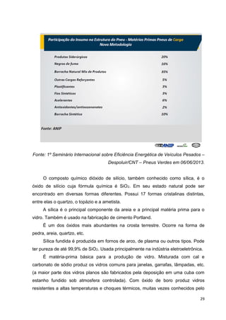 29
Fonte: 1º Seminário Internacional sobre Eficiência Energética de Veículos Pesados –
Despoluir/CNT – Pneus Verdes em 06/06/2013.
O composto químico dióxido de silício, também conhecido como sílica, é o
óxido de silício cuja fórmula química é SiO2. Em seu estado natural pode ser
encontrado em diversas formas diferentes. Possui 17 formas cristalinas distintas,
entre elas o quartzo, o topázio e a ametista.
A sílica é o principal componente da areia e a principal matéria prima para o
vidro. Também é usado na fabricação de cimento Portland.
É um dos óxidos mais abundantes na crosta terrestre. Ocorre na forma de
pedra, areia, quartzo, etc.
Sílica fundida é produzida em fornos de arco, de plasma ou outros tipos. Pode
ter pureza de até 99,9% de SiO2. Usada principalmente na indústria eletroeletrônica.
É matéria-prima básica para a produção de vidro. Misturada com cal e
carbonato de sódio produz os vidros comuns para janelas, garrafas, lâmpadas, etc.
(a maior parte dos vidros planos são fabricados pela deposição em uma cuba com
estanho fundido sob atmosfera controlada). Com óxido de boro produz vidros
resistentes a altas temperaturas e choques térmicos, muitas vezes conhecidos pelo
 