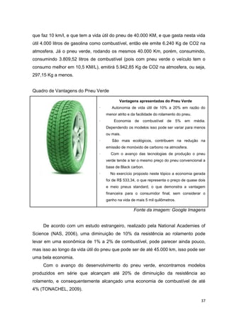 37
que faz 10 km/l, e que tem a vida útil do pneu de 40.000 KM, e que gasta nesta vida
útil 4.000 litros de gasolina como combustível, então ele emite 6.240 Kg de CO2 na
atmosfera. Já o pneu verde, rodando os mesmos 40.000 Km, porém, consumindo,
consumindo 3.809,52 litros de combustível (pois com pneu verde o veículo tem o
consumo melhor em 10,5 KM/L), emitirá 5.942,85 Kg de CO2 na atmosfera, ou seja,
297,15 Kg a menos.
Quadro de Vantagens do Pneu Verde
Vantagens apresentadas do Pneu Verde
· Autonomia de vida útil de 10% a 20% em razão do
menor atrito e da facilidade do rolamento do pneu.
· Economia de combustível de 5% em média.
Dependendo os modelos isso pode ser variar para menos
ou mais.
· São mais ecológicos, contribuem na redução na
emissão de monóxido de carbono na atmosfera.
· Com o avanço das tecnologias de produção o pneu
verde tende a ter o mesmo preço do pneu convencional a
base de Black carbon.
· No exercício proposto neste tópico a economia gerada
foi de R$ 533,34, o que representa o preço de quase dois
e meio pneus standard, o que demonstra a vantagem
financeira para o consumidor final, sem considerar o
ganho na vida de mais 5 mil quilômetros.
Fonte da imagem: Google Imagens
De acordo com um estudo estrangeiro, realizado pela National Academies of
Science (NAS, 2006), uma diminuição de 10% da resistência ao rolamento pode
levar em uma econômica de 1% a 2% de combustível, pode parecer ainda pouco,
mas isso ao longo da vida útil do pneu que pode ser de até 45.000 km, isso pode ser
uma bela economia.
Com o avanço do desenvolvimento do pneu verde, encontramos modelos
produzidos em série que alcançam até 20% de diminuição da resistência ao
rolamento, e consequentemente alcançado uma economia de combustível de até
4% (TONACHEL, 2009).
 