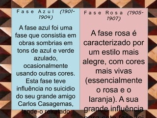 Fase Azul (1901-1904)A fase azul foi uma fase que consistia em obras sombrias em tons de azul e verde azulado, ocasionalmente usando outras cores. Esta fase teve influência no suicidio do seu grande amigo Carlos Casagemas, tende-o retratado várias vezes. Representa então a tristeza e o isolamento, a miséria e os desesperos humanos. Todas as personagens desta fase aparecem tristes e solitários. Fase Rosa (1905-1907)A fase rosa é caracterizado por um estilo mais alegre, com cores mais vivas (essencialmente o rosa e o laranja). A sua grande influência para esta fase foi o seu grande amor na altura, Fernande Olivier.Picasso e as suas fases