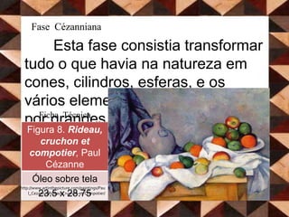 Fase CézannianaEsta fase consistia transformar tudo o que havia na natureza em cones, cilindros, esferas, e os vários elementos eram definidos por grandes planos de cor. Ficha Técnicahttp://www.artinthepicture.com/paintings/Paul_Cezanne/Rideau-Cruchon-et-Compotier/