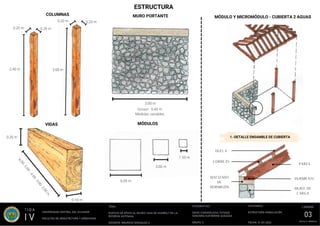 6
.
0
0
-
5
.
0
0
-
4
.
0
0
-
3
.
0
0
-
2
.
0
0
m
COLUMNAS
ESTRUCTURA
2.40 m 3.00 m
0.20 m 0.20 m
0.20 m 0.20 m
VIGAS
0.20 m
0.10 m
MURO PORTANTE
Grosor: 0.40 m
Medidas: variables
MÓDULOS
3.00 m
6.00 m
1.50 m
3.00 m
MÓDULO Y MICROMÓDULO - CUBIERTA 2 AGUAS
1.-DETALLE ENSAMBLE DE CUBIERTA
DUELA
CORREAS
DURMIENTE
PARES
MURO DE
CARGA
MACIZADO
DE
HORMIGÓN
 