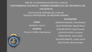 “AÑO DE LA UNIVERSALIZACIÓN DE LA SALUD”
UNIVERSIDAD NACIONAL TORIBIO RODRÍGUEZ DE MENDOZA DE
AMAZONAS
FACULTAD DE CIENCIAS DE LA SALUD
ESCUELA PROFESIONAL DE MEDICINA HUMANA
CURSO:
BIOFÍSICA- CICLO I
DOCENTE:
TRUJILLO YAIPEN, Walter Manuel
ESTUDIANTES:
BARDALES MALQUE, Gloria Estefany
DILAS RODRIGUEZ, Maydali Maryuli
GUEVARA NEYRA, Angel Fernando
LLONTOP ACOSTA, Jim Alonso
PEREZ RAFAEL, Deyni Lizbeth
SILVA BUSTAMANTE, Joseph Jammir
SILVA OCUPA, Marly Esmeralda
 