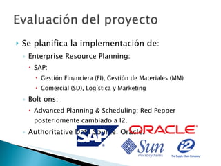Se planifica la implementación de: Enterprise Resource Planning:  SAP: Gestión Financiera (FI), Gestión de Materiales (MM) Comercial (SD), Logística y Marketing Bolt ons: Advanced Planning & Scheduling: Red Pepper posteriomente cambiado a I2. Authoritative Data Source: Oracle. 