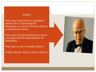 JURAN
En 1924, licenciatura en ingeniería
eléctrica de la Universidad de
Minnesota, se unió a la Western Electric
en Hawthorne Works.
En 1925, fue seleccionado para unirse
a la inspección del Departamento de
Estadística.
En 1926 se casó con Sadie Shapiro.
Hijos: Robert, Sylvia, Carlos y Donald.
 