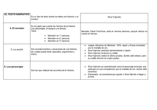 EL TEXTO NARRATIVO
Es un tipo de texto donde se relata una historia o un
suceso.
Shun Fujimoto
4. El narrador
Es el sujeto que cuenta los hechos de la historia
Los personajes, el espacio y el tiempo.
Tipos:
 Narrador en 1° persona.
 Narrador en 2° persona.
 Narrador en 3° persona.
Narrador David Fischman, está en tercera persona, porqué reduce su
cuento en tiempo
5. La acción Son acontecimientos y situaciones de una historia,
los cuales puede tener episodios, argumentos y
trama.
 Juegos olímpicos de Montreal 1976, Japón y Rusia competían
por la medalla de oro.
 Shun fujimoto participó representando a Japón.
 Shun fujimoto se fisuró su rodilla.
 Shun fujimoto realizó la última prueba, donde salió exitoso, pero
su rodilla termino en cuatro partes.
6. Los personajes
Son los que realizan las acciones de la historia.
 Shun fujimoto es caracterizado como el personaje principal, que
participa en una competencia, por la medalla de oro, donde salió
victorioso.
 Entrenador, se caracteriza por ayudar a Shun fijimoto a llegar a
la final.
 