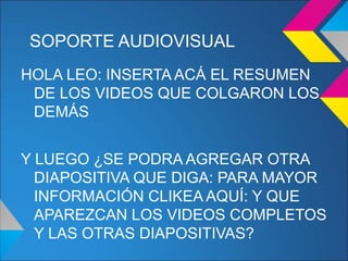 SOPORTE AUDIOVISUAL
HOLA LEO: INSERTA ACÁ EL RESUMEN
DE LOS VIDEOS QUE COLGARON LOS
DEMÁS
Y LUEGO ¿SE PODRA AGREGAR OTRA
DIAPOSITIVA QUE DIGA: PARA MAYOR
INFORMACIÓN CLIKEA AQUÍ: Y QUE
APAREZCAN LOS VIDEOS COMPLETOS
Y LAS OTRAS DIAPOSITIVAS?
 