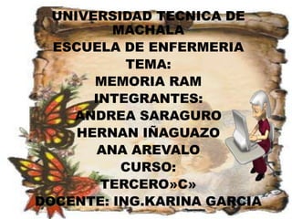 UNIVERSIDAD TECNICA DE
MACHALA
ESCUELA DE ENFERMERIA
TEMA:
MEMORIA RAM
INTEGRANTES:
ANDREA SARAGURO
HERNAN IÑAGUAZO
ANA AREVALO
CURSO:
TERCERO»C»
DOCENTE: ING.KARINA GARCIA

 