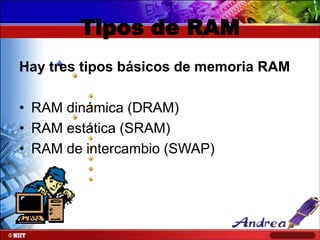 Tipos de RAM
Hay tres tipos básicos de memoria RAM
• RAM dinámica (DRAM)
• RAM estática (SRAM)
• RAM de intercambio (SWAP)

 