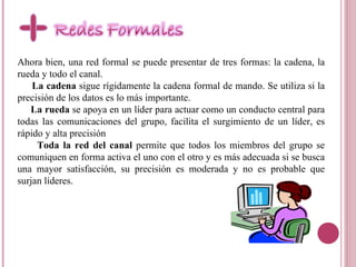 Ahora bien, una red formal se puede presentar de tres formas: la cadena, la rueda y todo el canal.  La cadena  sigue rígidamente la cadena formal de mando. Se utiliza si la precisión de los datos es lo más importante. La rueda  se apoya en un líder para actuar como un conducto central para todas las comunicaciones del grupo, facilita el surgimiento de un líder, es rápido y alta precisión Toda la red del canal  permite que todos los miembros del grupo se comuniquen en forma activa el uno con el otro y es más adecuada si se busca una mayor satisfacción, su precisión es moderada y no es probable que surjan líderes.  