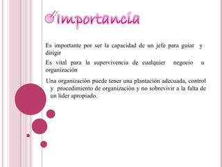 Es importante por ser la capacidad de un jefe para guiar  y dirigir  Es vital para la supervivencia de cualquier  negocio  u organización  Una organización puede tener una plantación adecuada, control y  procedimiento de organización y no sobrevivir a la falta de un líder apropiado. 