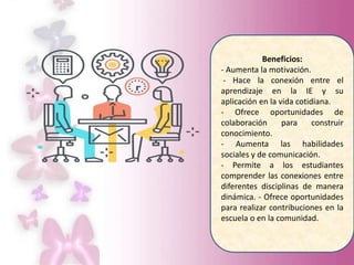 Beneficios:
- Aumenta la motivación.
- Hace la conexión entre el
aprendizaje en la IE y su
aplicación en la vida cotidiana.
- Ofrece oportunidades de
colaboración para construir
conocimiento.
- Aumenta las habilidades
sociales y de comunicación.
- Permite a los estudiantes
comprender las conexiones entre
diferentes disciplinas de manera
dinámica. - Ofrece oportunidades
para realizar contribuciones en la
escuela o en la comunidad.
 