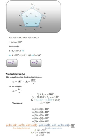 Ângulos Externos (Ae)
São os suplementos dos ângulos internos:

ou, em radianos:

Fórmulas :

 
