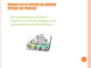 Choque con el vehículo de adelante
(choque por alcance)

Es el impacto que produce
cuando un vehículo impacta en la
parte posterior de otro vehículo .

 