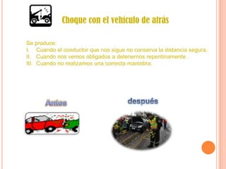 Choque con el vehículo de atrás
Se produce:
I. Cuando el conductor que nos sigue no conserva la distancia segura.
II. Cuando nos vemos obligados a detenernos repentinamente .
III. Cuando no realizamos una correcta maniobra.

 