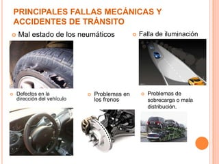 PRINCIPALES FALLAS MECÁNICAS Y
ACCIDENTES DE TRÁNSITO




Mal estado de los neumáticos

Defectos en la
dirección del vehículo



Problemas en
los frenos



Falla de iluminación



Problemas de
sobrecarga o mala
distribución.

 