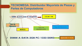 TECNOMEGA. Distribuidor Mayorista de Piezas y
Partes de Computadoras
 DIMM A-DATA 2GB PC-800 DDRR
MARCA
Tipo de
MAINBOARD
$ 33.40 + IVA
 