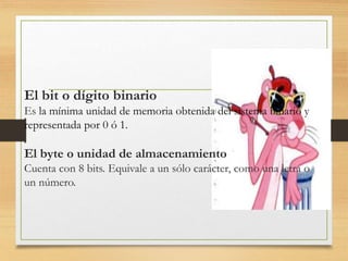 El bit o dígito binario
Es la mínima unidad de memoria obtenida del sistema binario y
representada por 0 ó 1.
El byte o unidad de almacenamiento
Cuenta con 8 bits. Equivale a un sólo carácter, como una letra o
un número.
 