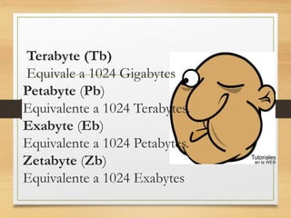 Terabyte (Tb)
Equivale a 1024 Gigabytes
Petabyte (Pb)
Equivalente a 1024 Terabytes.
Exabyte (Eb)
Equivalente a 1024 Petabytes.
Zetabyte (Zb)
Equivalente a 1024 Exabytes
 