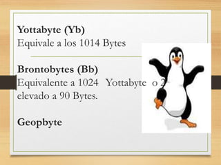 Yottabyte (Yb)
Equivale a los 1014 Bytes
Brontobytes (Bb)
Equivalente a 1024 Yottabyte o 2
elevado a 90 Bytes.
Geopbyte
 