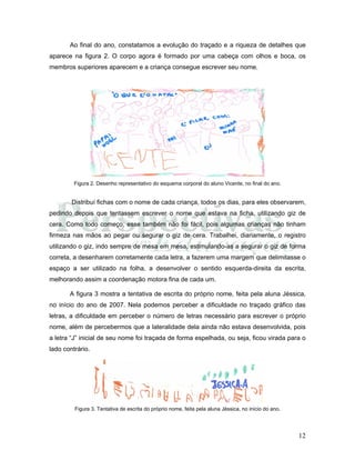 12
Ao final do ano, constatamos a evolução do traçado e a riqueza de detalhes que
aparece na figura 2. O corpo agora é formado por uma cabeça com olhos e boca, os
membros superiores aparecem e a criança consegue escrever seu nome.
Figura 2. Desenho representativo do esquema corporal do aluno Vicente, no final do ano.
Distribuí fichas com o nome de cada criança, todos os dias, para eles observarem,
pedindo depois que tentassem escrever o nome que estava na ficha, utilizando giz de
cera. Como todo começo, esse também não foi fácil, pois algumas crianças não tinham
firmeza nas mãos ao pegar ou segurar o giz de cera. Trabalhei, diariamente, o registro
utilizando o giz, indo sempre de mesa em mesa, estimulando-as a segurar o giz de forma
correta, a desenharem corretamente cada letra, a fazerem uma margem que delimitasse o
espaço a ser utilizado na folha, a desenvolver o sentido esquerda-direita da escrita,
melhorando assim a coordenação motora fina de cada um.
A figura 3 mostra a tentativa de escrita do próprio nome, feita pela aluna Jéssica,
no início do ano de 2007. Nela podemos perceber a dificuldade no traçado gráfico das
letras, a dificuldade em perceber o número de letras necessário para escrever o próprio
nome, além de percebermos que a lateralidade dela ainda não estava desenvolvida, pois
a letra “J” inicial de seu nome foi traçada de forma espelhada, ou seja, ficou virada para o
lado contrário.
Figura 3. Tentativa de escrita do próprio nome, feita pela aluna Jéssica, no início do ano.
 