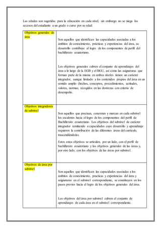 Las edades son sugeridas para la educación en cada nivel, sin embargo no se niega los
accesos del estudiante a un grado o curso por su edad.
Objetivos generales de
área
Son aquellos que identifican las capacidades asociadas a los
ámbitos de conocimiento, prácticas y experiencias del área, su
desarrollo contribuye al logro de los componentes de perfil del
bachillerato ecuatoriano.
Los objetivos generales cubren el conjunto de aprendizajes del
área a lo largo de la EGB y el BGU, así como las asignaturas que
forman parte de la misma en ambos niveles tienen un carácter
integrador, aunque limitado a los contenidos propios del área en un
sentido amplio (hechos, conceptos, procedimientos, actitudes,
valores, normas; recogidos en las destrezas con criterio de
desempeño.
Objetivos integradores
de subnivel
Son aquellos que precisan, concretan y marcan en cada subnivel
los escalones hacia el logro de los componentes del perfil de
Bachillerato ecuatoriano. Los objetivos del subnivel de carácter
integrador remitiendo a capacidades cuyo desarrollo y aprendizaje
requieren la contribución de las diferentes áreas del currículo,
trascendiéndolas.
Estos estos objetivos se articulan, por un lado, con el perfil de
bachillerato ecuatoriano y los objetivos generales de las áreas y,
por otro lado, con los objetivos de las áreas por subnivel.
Objetivos de área por
subnivel
Son aquellos que identifican las capacidades asociadas a los
ámbitos de conocimiento, practicas y experiencias del área y
asignaturas en el subnivel correspondiente, se constituyen en los
pasos previos hacia el logro de los objetivos generales del área.
Los objetivos del área por subnivel cubren el conjunto de
aprendizajes de cada área en el subnivel correspondiente.
 