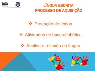 LÍNGUA ESCRITA
       PROCESSO DE AQUISIÇÃO


     Produção de textos

 Atividades de base alfabética

 Análise e reflexão da língua
 