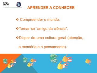 APRENDER A CONHECER


 Compreender o mundo,

Tornar-se “amigo da ciência”,

Dispor de uma cultura geral (atenção,

 a memória e o pensamento).
 