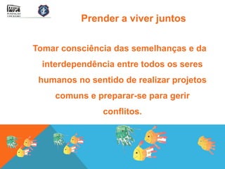 Prender a viver juntos

Tomar consciência das semelhanças e da
  interdependência entre todos os seres
 humanos no sentido de realizar projetos
     comuns e preparar-se para gerir
                conﬂitos.
 