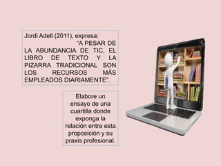 Jordi Adell (2011), expresa:
“A PESAR DE
LA ABUNDANCIA DE TIC, EL
LIBRO DE TEXTO Y LA
PIZARRA TRADICIONAL SON
LOS RECURSOS MÁS
EMPLEADOS DIARIAMENTE”.
Elabore un
ensayo de una
cuartilla donde
exponga la
relación entre esta
proposición y su
praxis profesional.
 