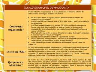 Como esta
organizado?
De acuerdo a las características de la documentación se aplicarán criterios de
ordenamiento cronológico, alfabético o numérico.
• En el Archivo Central se sigue la práctica administrativa más utilizada, el
Orden Cronológico inverso.
• Los documentos más recientes estarán en la parte superior y los más antiguos en
la parte inferior
• Los Materiales especiales como: Mapas, CD, videos, diskkettes, casetes que
forman parte de la documentación, se separan y se les da una ubicación
adecuada. En la carpeta se incluirá una hoja indicando la ubicación del soporte y
sus características.
• A los materiales especiales se les da el mismo número de clasificación asignada a
la documentación de la cual forman parte.
• Los documentos contables tendrán un ordenamiento numérico.
• La documentación correspondiente a Recursos Humanos (Archivos del personal,
Hojas de Vida) se ordenará de acuerdo al orden alfabético.
• Todas las series y subseries documentales están regidas bajo las Tablas de
Valoración.
Existe un PGD?
Si, porque realizan actividades administrativas y técnicas tendientes a la planificación,
manejo y organización de la documentación producida y recibida por las entidades,
desde su origen hasta su destino final, con el objeto de facilitar su utilización y
conservación, tales como: Producción, Recepción, Distribución, Trámite, Organización,
Consulta, Conservación y Disposición final de los documentos.
Que procesos
administra?
Lo llevan a cabo mediante la organización, se planea cada una de las fases del ciclo
vital del documento, se aplican procesos como la dirección, el control y la ejecución de
el flujo y producción documental, además la aplicación del proceso administrativo en los
archivos para la medición de resultados, corrigiendo fallas o realizando mejoras
continuas siendo éstas el resultado de la retroalimentación.
ALCALDIA MUNICIPAL DE MACARAVITA
 