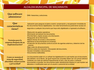 Que software
administra?
DMA Asesorias y soluciones.
Que
características
tiene?
Aplicación para asegurar el pleno control, conservación y recuperación inmediata de
los documentos físicos digitalizados. Con esta herramienta se podrá tener acceso en
segundos a cualquier documento que haya sido digitalizado e ingresado al software.
Ventajas para la
empresa después de su
implementación?
•Reducción de gastos operativos.
•Eliminación de extravió de documentos.
•Permite fácil y rápido acceso a la información.
•Resguardo de la información.
•Mejora tiempo de acceso a documentos.
•Mantener la documentación en el tiempo.
•Protección de documentos contra la acción de agentes externos y deterioro de los
mismos.
•Bajo costo de almacenamiento.
•Elimina costos de impresión, fotocopiado del documento.
•Acceso inmediato a documentos.
•Documentos inalterables.
Como se maneja el
tema de seguridad,
alteridad, conservación
y privacidad?
Los documentos están en un sofwart de digitalización lo cual impide que el documento
sea dañado o se lo lleven, de igual manera las consultas deben ser con previa solicitud
mediante una carta de solicitud especificando el año y tipo de serie o subserie
documental a consultar, los documentos están debidamente foliados lo cual impiden ser
alterados o modificados sean por el usuario o personal de la entidad
ALCALDIA MUNICIPAL DE MACARAVITA
 