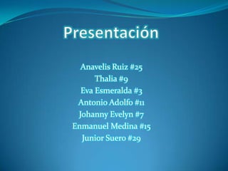 Anavelis Ruiz #25
Thalia #9
Eva Esmeralda #3
Antonio Adolfo #11
Johanny Evelyn #7
Enmanuel Medina #15
Junior Suero #29