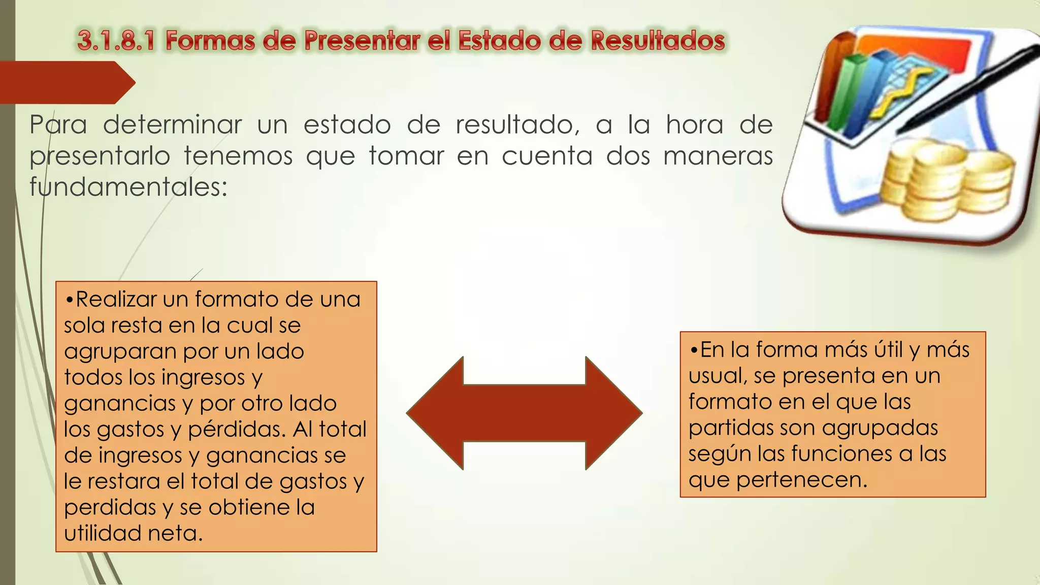 Para determinar un estado de resultado, a la hora de
presentarlo tenemos que tomar en cuenta dos maneras
fundamentales:

•Realizar un formato de una

sola resta en la cual se
agruparan por un lado
todos los ingresos y
ganancias y por otro lado
los gastos y pérdidas. Al total
de ingresos y ganancias se
le restara el total de gastos y
perdidas y se obtiene la
utilidad neta.

•En la forma más útil y más

usual, se presenta en un
formato en el que las
partidas son agrupadas
según las funciones a las
que pertenecen.

 