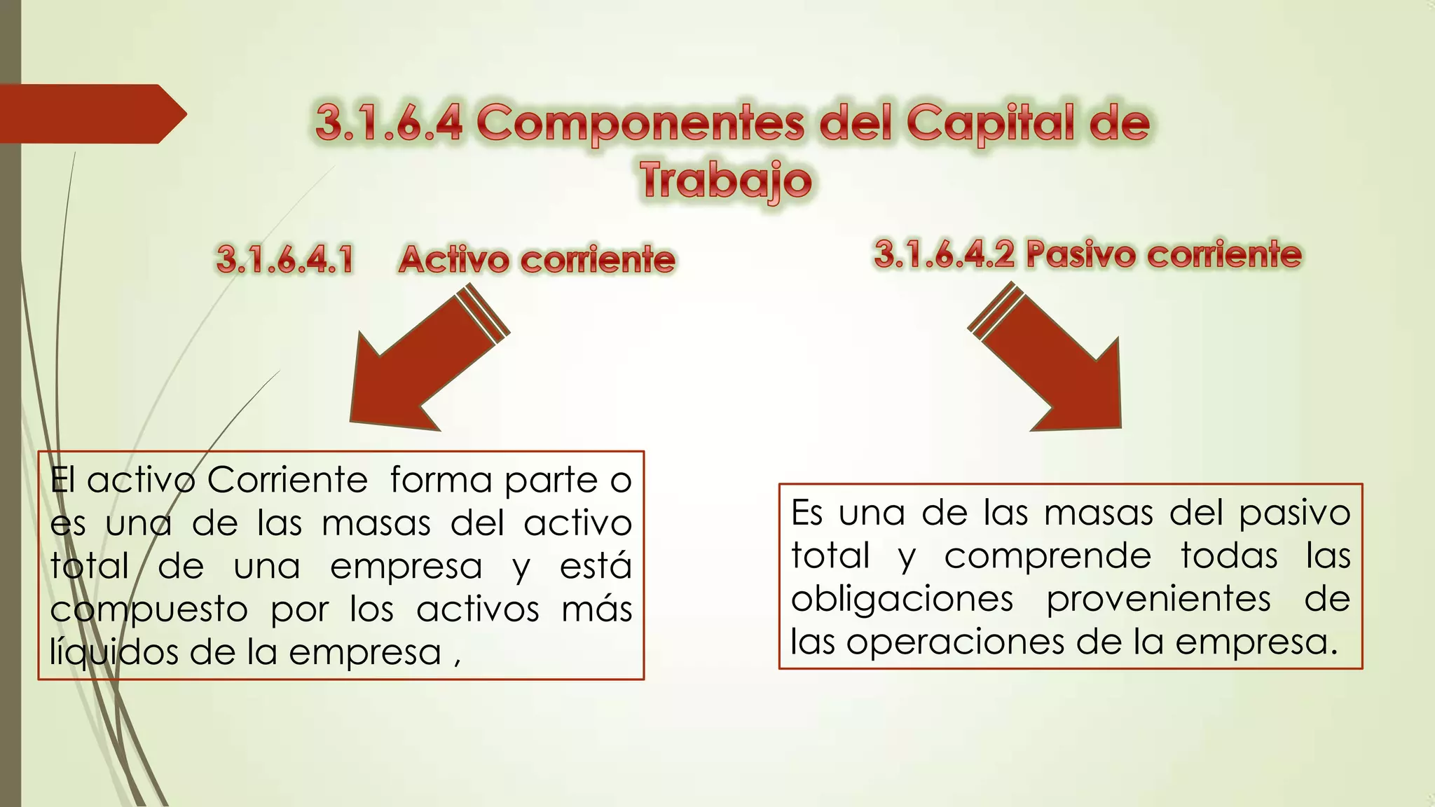 El activo Corriente forma parte o
es una de las masas del activo
total de una empresa y está
compuesto por los activos más
líquidos de la empresa ,

Es una de las masas del pasivo
total y comprende todas las
obligaciones provenientes de
las operaciones de la empresa.

 