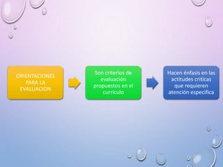 ORIENTACIONES
PARA LA
EVALUACION
Son criterios de
evaluación
propuestos en el
currículo
Hacen énfasis en las
actitudes criticas
que requieren
atención especifica
 