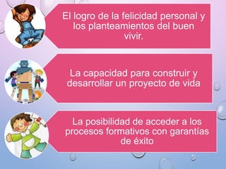 El logro de la felicidad personal y
los planteamientos del buen
vivir.
La capacidad para construir y
desarrollar un proyecto de vida
La posibilidad de acceder a los
procesos formativos con garantías
de éxito
 