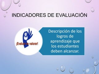 INDICADORES DE EVALUACIÓN
Descripción de los
logros de
aprendizaje que
los estudiantes
deben alcanzar.
 