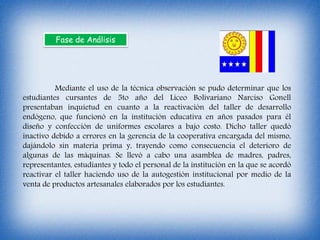 Fase de Análisis
Mediante el uso de la técnica observación se pudo determinar que los
estudiantes cursantes de 5to año del Liceo Bolivariano Narciso Gonell
presentaban inquietud en cuanto a la reactivación del taller de desarrollo
endógeno, que funcionó en la institución educativa en años pasados para él
diseño y confección de uniformes escolares a bajo costo. Dicho taller quedó
inactivo debido a errores en la gerencia de la cooperativa encargada del mismo,
dajándolo sin materia prima y, trayendo como consecuencia el deterioro de
algunas de las máquinas. Se llevó a cabo una asamblea de madres, padres,
representantes, estudiantes y todo el personal de la institución en la que se acordó
reactivar el taller haciendo uso de la autogestión institucional por medio de la
venta de productos artesanales elaborados por los estudiantes.
 