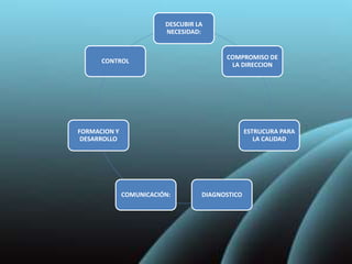 DESCUBIR LA
NECESIDAD:
COMPROMISO DE
LA DIRECCION
ESTRUCURA PARA
LA CALIDAD
DIAGNOSTICOCOMUNICACIÓN:
FORMACION Y
DESARROLLO
CONTROL
 